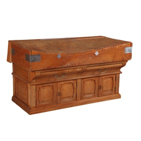 FRENCH TWO PART BUTCHER BLOCK HAVING FOUR DOORS AND TWO DRAWERS C 1910.