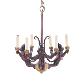 SIX LIGHT CHANDELIER HAVING THREE PAINT DECORATED MONKEYS.