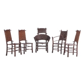 FIVE WOODEN ANDIRONDACKS CHAIRS WITH WOVEN SEATS AND BACKS.