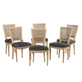 SIX PAINTED FRENCH LOUIS XVI STYLE CANE BACK DINING CHAIRS C 1950.