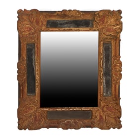 18TH C. CONTINENTAL GILT CARVED MIRROR WITH DISTRESSED FINISH.