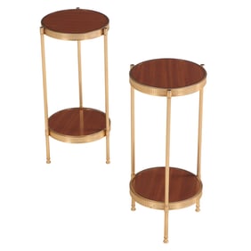 SMALL PAIR OF ROUND BRASS PLATED DIRECTOIRE STYLE END TABLES C 1970.