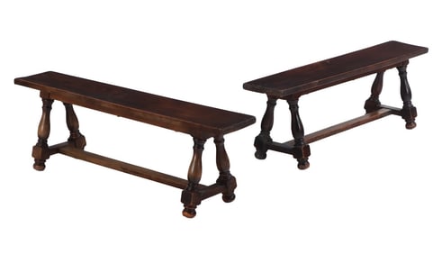 PAIR FRENCH OAK BENCHES WITH TURNED LEGS C 1940. ENSUITE WITH PREVIOUS LOT.