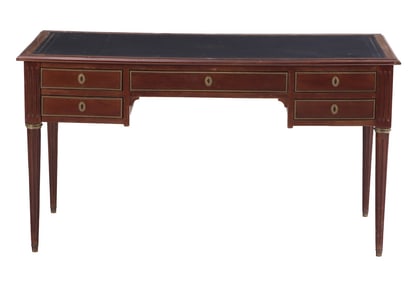 FRENCH LOUIS XVI STYLE MAHOGANY LEATHER TOP WRITING DESK HAVING PULL OUT SLIDES, BRONZE MOUNTS