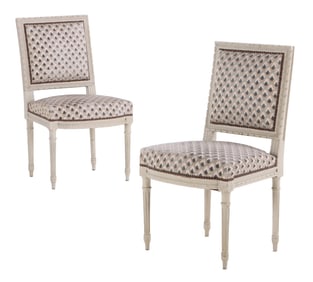 PAIR FRENCH LOUIS XVI STYLE PAINTED AND CARVED SIDECHAIRS C 1940.