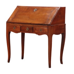 EIGHTEENTH CENTURY FRENCH PROVINCIAL SLANT FRONT DESK ON CABRIOLE LEG.