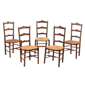 FIVE CONTINENTAL SPOOL TURNED AND RUSH SEAT SIDECHAIRS C 1900.