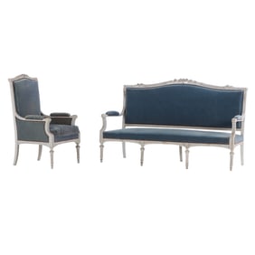 FRENCH CARVED AND PAINTED SOFA AND MATCHING ARM CHAIR IN THE LOUIS XVI STYLE C 1890.