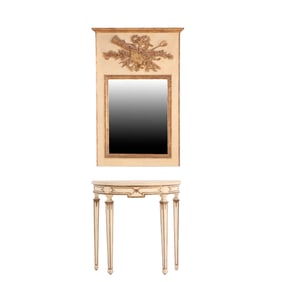 ITALIAN PAINTED AND GILTWOOD NEOCLASSICAL STYLE CONSOLE TABLE AND CONFORMING MIRROR C 1950.