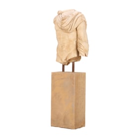 CARVED MARBLE ROMAN STYLE TORSO MOUNTED ONTO A MARBLE PEDESTAL.