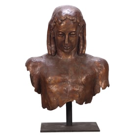 LARGE BRASS BUST MUNTED ON AN IRON STAND.