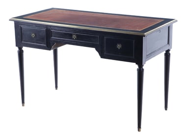 FRENCH DIRECTOIRE STYLE EBONIZED LEATHER TOP WRITING DESK WITH BRONZE TRIMMED TOP AND PULL OUT