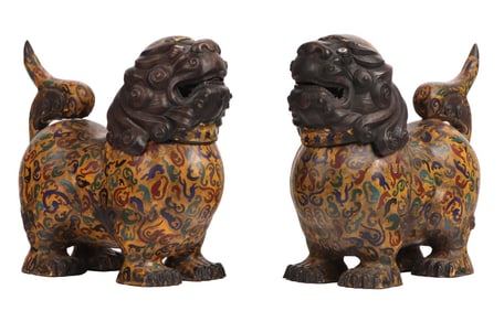 PAIR CHINESE CLOISONNE FOO DOGS, BRONZE WITH ENAMEL DECORATION AND REMOVABLE HEADS, 20TH C.