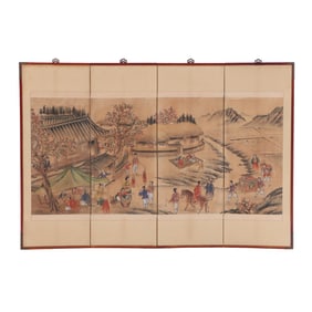 A HAND PAINTED FOLDING FOUR PANEL ASIAN SCREEN DEPICTING A TOWN SCENE WITH FIGURES.