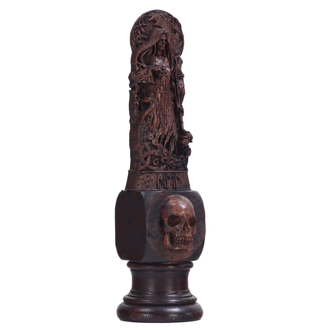 MEMENTO MORI WOOD SCULPTURE DEPICTING A WOMAN WITH SKULLS: Memento Mori wood sculpture depicting a woman with skulls Ht: 15.25" Dia: 4.25"