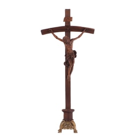 WOOD CRUCIFIX ON STANDING BASE, WITH CARVED CORPUS OF JESUS, BRONZE BASE