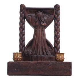 MEMENTO MORI WOOD SCULPTURE DEPICTING A ROBED SKELETON HAVING BRONZE CANDLE HOLDERS.