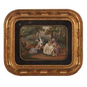 19TH C. FRAMED FRENCH AUTOMATON MUSIC BOX, LITHOGRAPH WITH HAND COLORING AND MOVING HEADS,