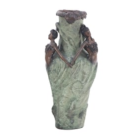 AN ART NOUVEAU PAINTED METAL VASE DECORATED WITH BRONZE WOMEN WITH INTERTWINED HANDS C. 1920.