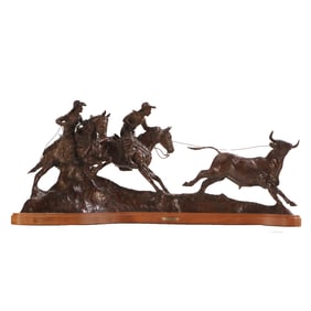 JC DYE (AMERICAN B. 1948) LARGE BRONZE SCULPTURE "SAGE CREEK COWBOY" SIGNED DYE 1999