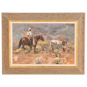 TOM DOOR (AMERICAN B. 1950) "CHASIN' ONE HOME" OIL ON CANVAS, SIGNED TOM DORR