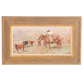 TOM DORR (AMERICAN B. 1950)  ROPIN' THE LAST CALF  FRAMED OIL PAINTING