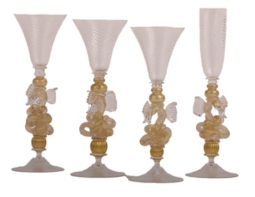 WILLIAM GUDENRATH, FOUR TALL VENETIAN GLASS GOBLETS, HAVING DRAGON BASES, C 1990S.