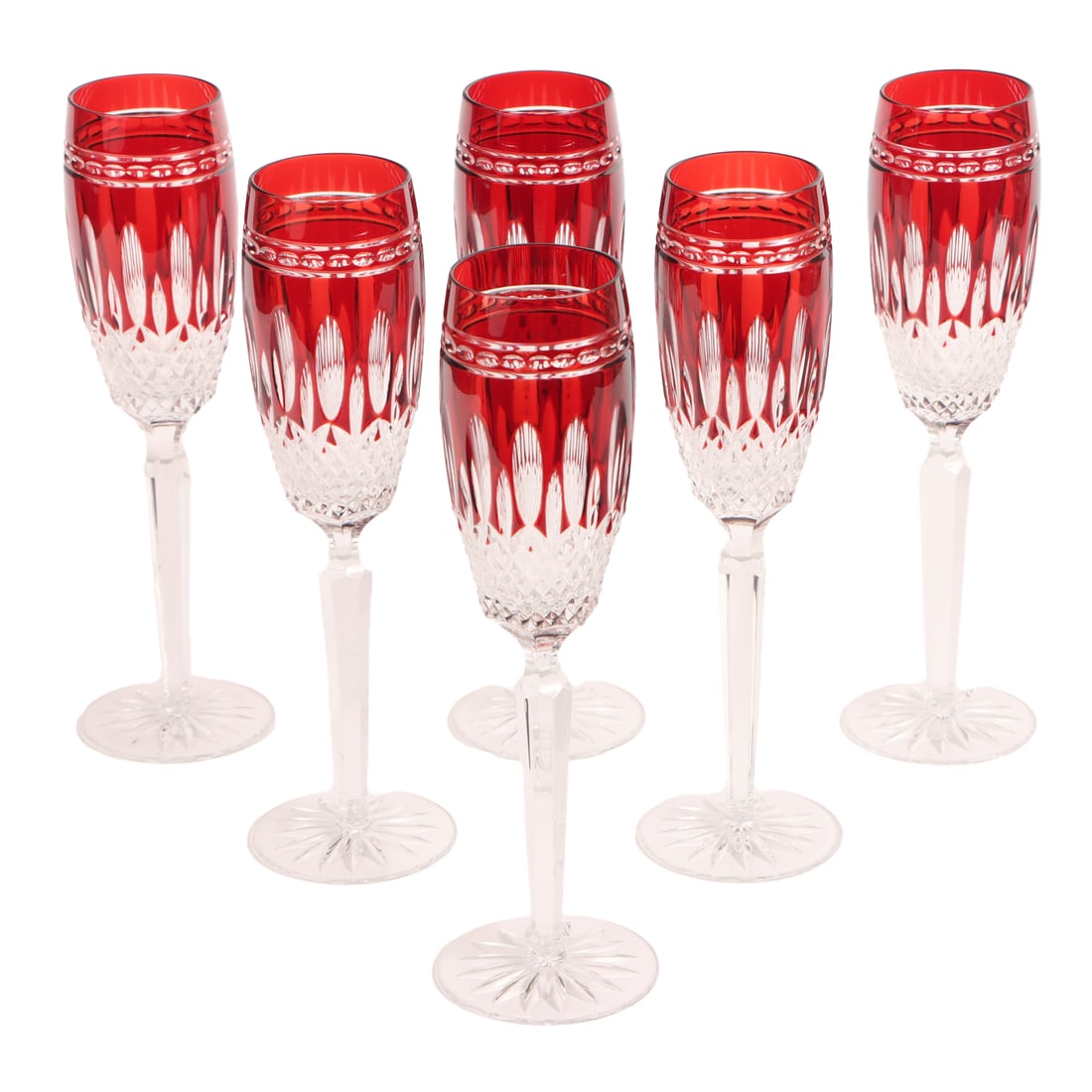 SIX WATERFORD CLARENDON RUBY CUT TO CLEAR CRYSTAL GOBLETS, C 1990S. (1 of 4)