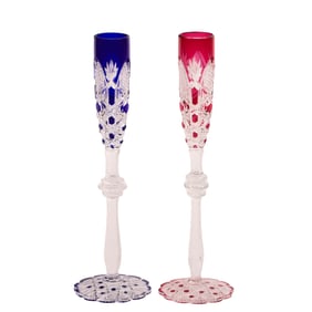 PAIR BACCARAT CZAR CORDIAL GLASSES IN BLUE AND ROSE, CUT TO CLEAR