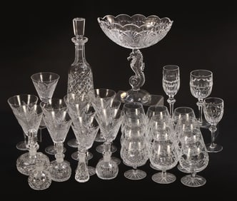 34 PCS WATERFORD CRYSTAL INCLDG STEMWARE, VANITY BOTTLES, SEAHORSE CENTER BOWL AND DECANTER C 1990S