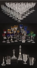 57 PCS OF CRYSTAL INCLUDING 8 AJKA, 3 STUART, 4 MOSER, 8 GERMAN ENGRAVED CORDIALS, 4 UNKNOWN