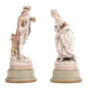 A PAIR OF DRESDEN STYLE COURTING ROCOCO FIGURES EACH WITH TRADEMARK.