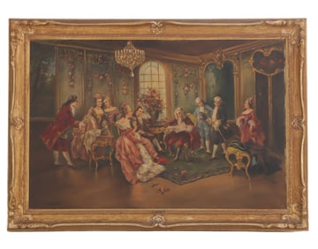 JEAN WATTNAUD (FRENCH, 20TH CENTURY) A LARGE SCALE OIL ON CANVAS PAINTING DEPICTING A PARLOR SCENE,