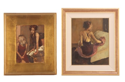 GREGORY CALIBEY (AMERICAN B. 1959) TWO FRAMED OIL PAINTINGS OF WOMEN, SIGNED