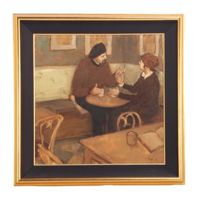 GREGORY CALIBEY (AMERICAN B. 1959) CAFE SCENE OIL ON CANVAS, SIGNED C. 2000