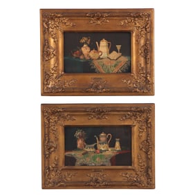 PAIR OF HAND PAINTED PORCELAIN PLAQUES OF STILL LIFES IN GILT FRAME, SIGNED L.EDLINGER C 19TH