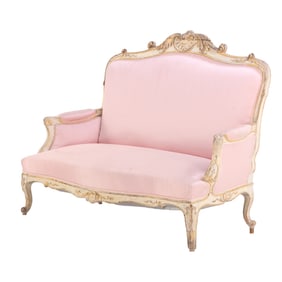FRENCH PAINTED AND GILTWOOD LOUIS XV STYLE UPHOLSTERED SOFA C 1880.