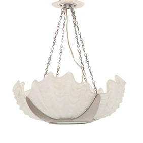 ART DECO STYLE METAL CHANDELIER WITH GLASS SHELL FORM SHADES.