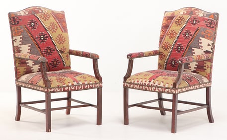 PAIR HARDWOOD OPEN ARM CHAIRS COVERED IN A KILIM STYLE UPHOLSTERY.