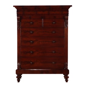 LARGE ENGLISH NINETEENTH CENTURY CROTCH MAHOGANY THREE PART CHEST OF DRAWERS.