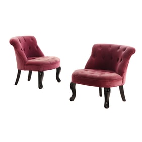 PAIR MODERN UPHOLSTERED BOUDOIR CHAIRS WITH BUTTON BACK UPHOLSTERY.