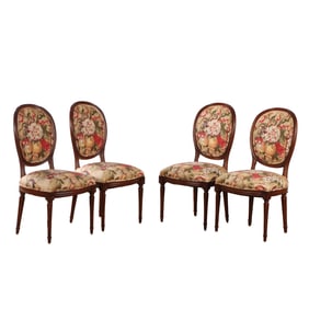 FOUR LOUIS XVI STYLE SIDE CHAIRS IN FLORAL UPHOLSTERY.