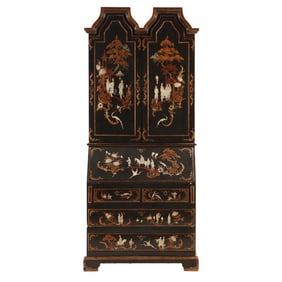 TWO PART SPANISH CHINOISERIE DECORATED SECRETARY DESK WITH DOUBLE TOMB STONE TOP.