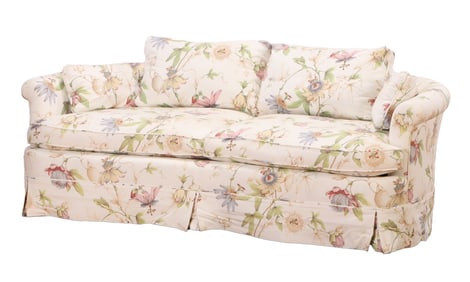 ONE OF TWO OVERSTUFFED SOFAS WITH FLORAL PRINT FABRIC,