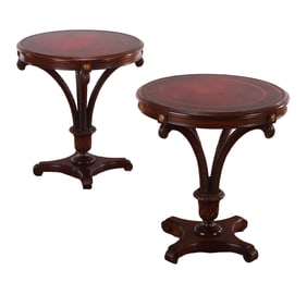 PAIR OF MAHOGANY LEATHER TOP PLUME CARVED END TABES C 1945.