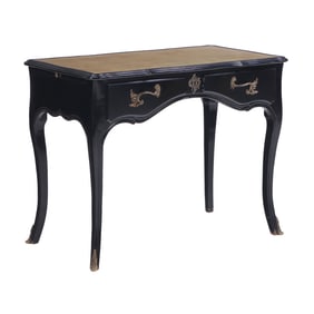 PROVINCIAL STYLE EBONIZED LEATHER TOP WRITING DESK BY RICHARD WHEELRIGHT C 1960 WITH ORIGINAL