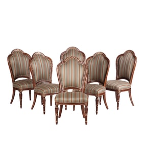 SIX OVERSIZED CARVED LOUIS XVI STYLE DINING CHAIRS BY FERGUSON COPELAND.