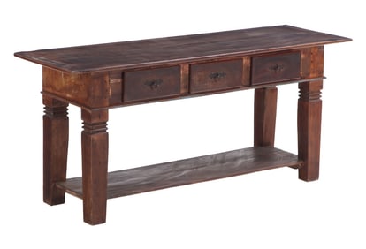 RUSTIC THREE DRAWER CONSOLE TABLE HAVING SQUARE LEGS C 1920.