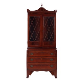 NINETEENTH CENTURY AMERICAN TWO PART MAHOGANY HEPPLEWHITE SECRETARY DESK WITH INLAY.