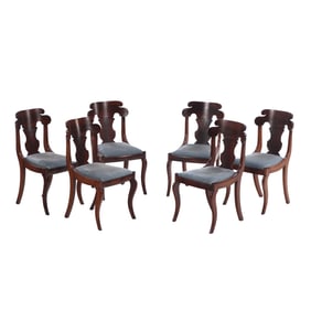 SIX MAHOGANY AND CROTCH MAHOGANY NINETEENTH CENTURY EMPIRE DINING CHAIRS.